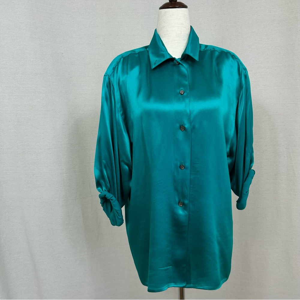 Umberto Ginocchietti Vintage Teal 100% Silk Button-Up Blouse Size 38